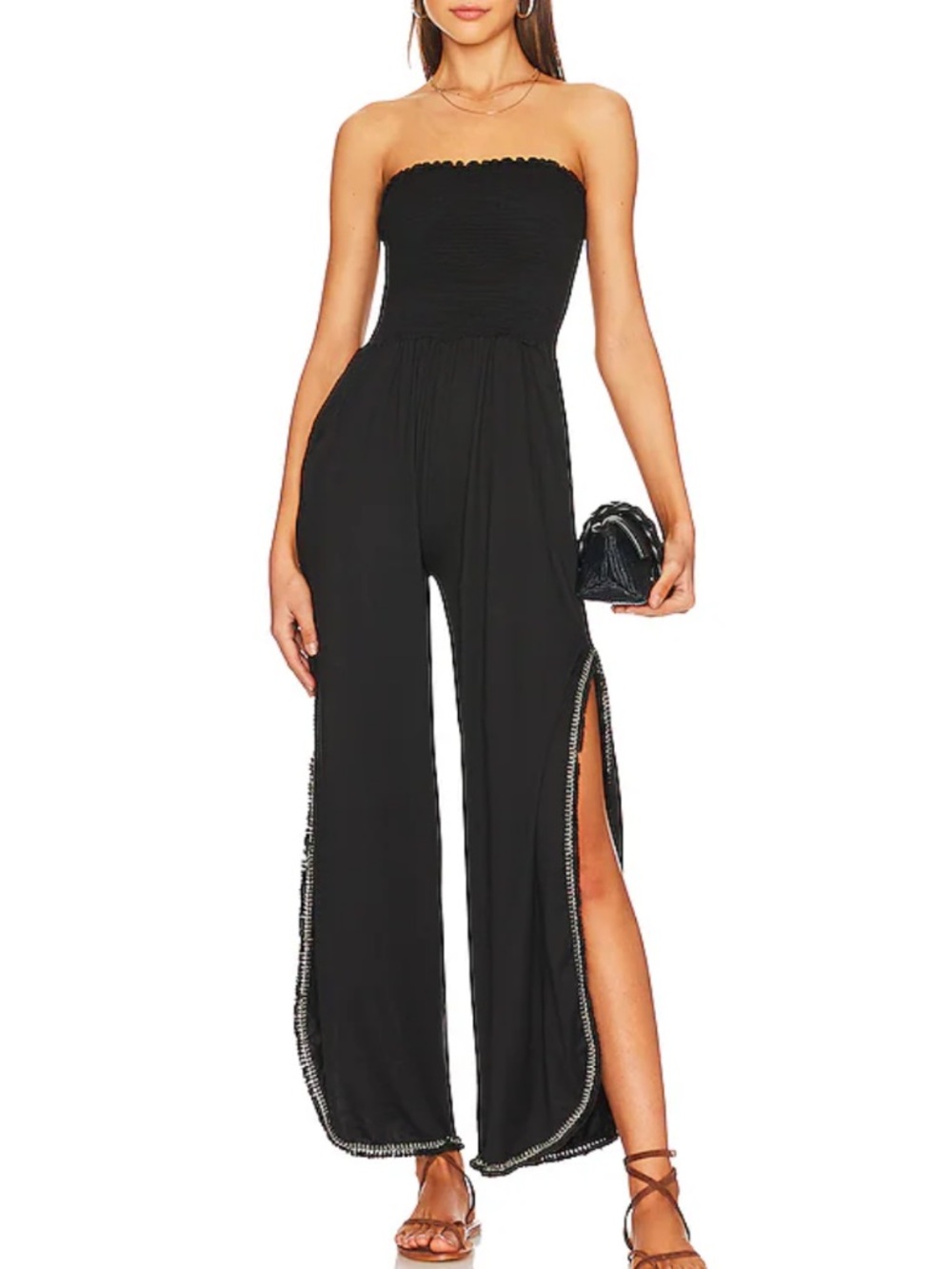 PEIXOTO NWT Harriet black smocked strapless jumpsuit gold fringe trim sz s